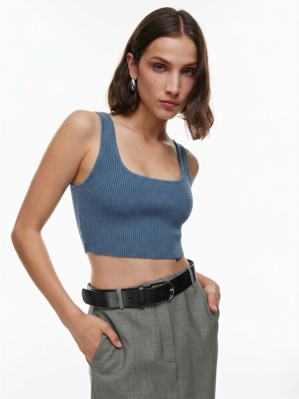 Babaton Sculpt Knit Cropped Tank Top Blue Ribbed Size Medium Capsule Wardrobe